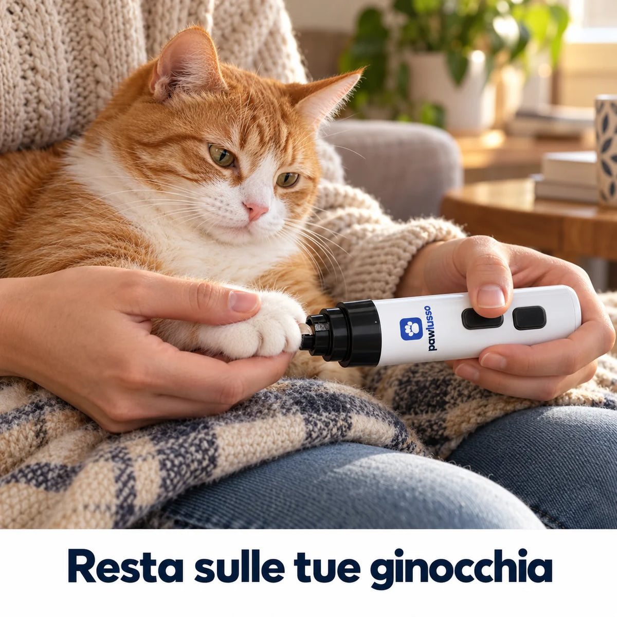 Taglio delle unghie di un gatto sulle ginocchia