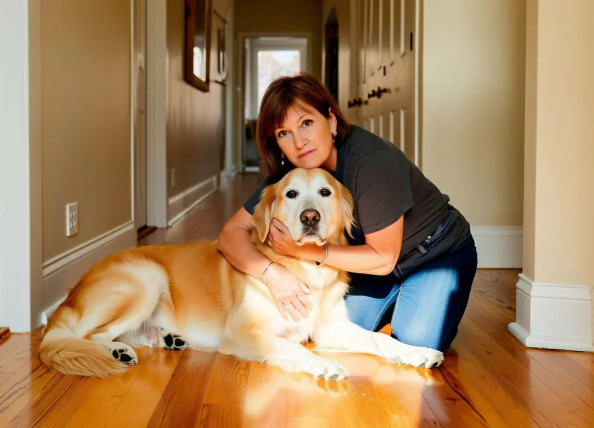Una proprietaria abbraccia il suo golden retriever