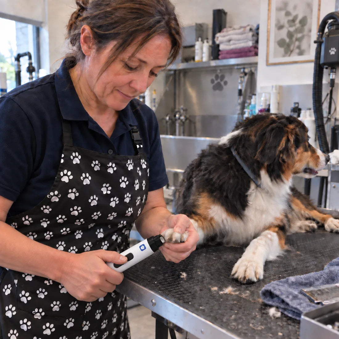 Camille lima le unghie di un cane nel suo salone; il cane resta sdraiato sul tavolo.