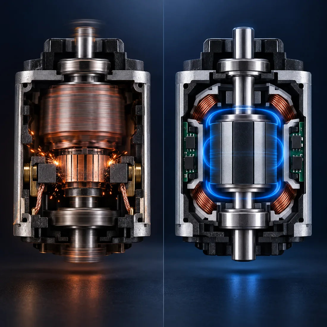Motore a spazzole e motore brushless, in sezione.
