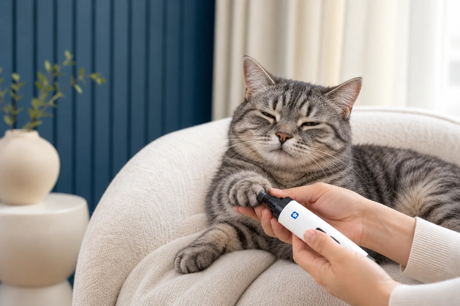 Gatto rilassato durante la seduta, apparecchio silenzioso sotto i 40 dB